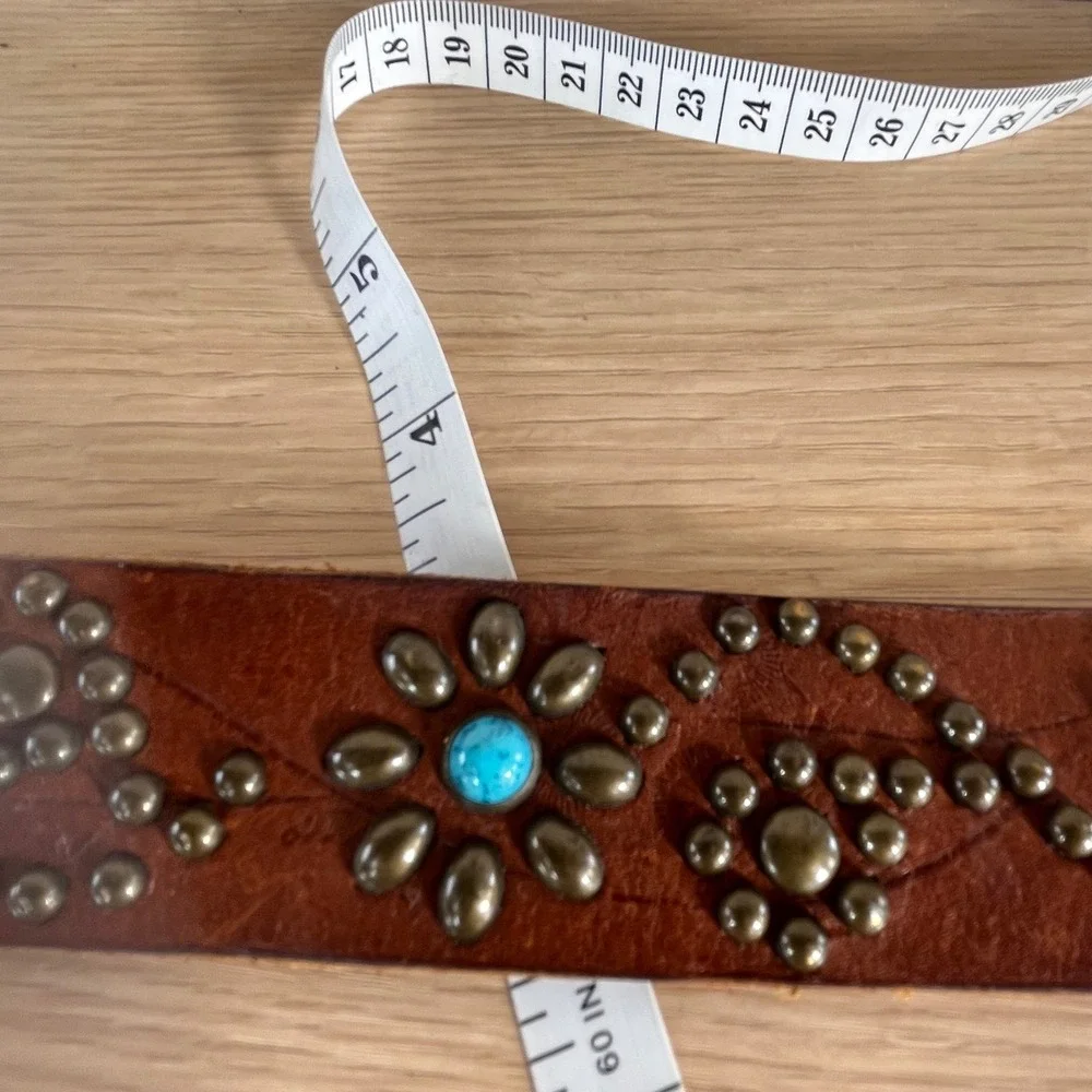 Vintage Brown Leather Studded Floral Turquoise Belt O-Ring Western Boho Cowgirl